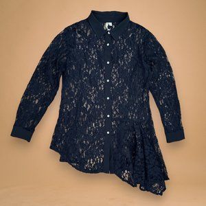 Comfy USA Top Tunic Women Small Black Sheer Lace Long Sleeve Asymmetrical Casual